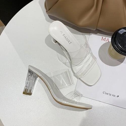PVC Sandals Transparent Heels Slip On Summer Sandals Square Heel 7CM Women Casual Shoes Clear Heels Sandalias Mujer