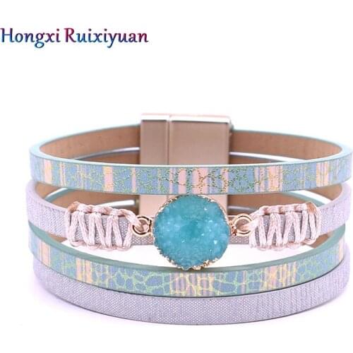 Blue Stone Leather Bracelet Mens and Womens Vintage Multilayer Analog Bohemian Magnetic Buckle Bracelet Glamour Jewelry