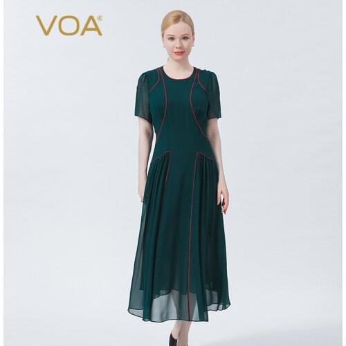 VOA Summer Silk Georgette Hole Green Dresses O-Neck Pullover Open Line Decoration Loose Breathable Zipper Long Woman Dress AE983