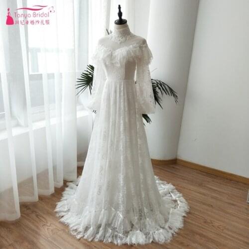 Outstanding Lace Wedding Dresses 2020 Puff Long Sleeve Bohemian Bridal Gowns Vestido De Noiva Muslim Wedding Dress ZW090