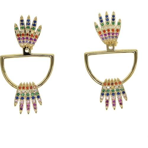High quality wholesale unique wing hand hoop earring for women ladies paved rainbow cz National style cute wedding jewelry ACC