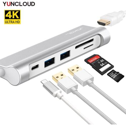 YUNCLOUD USB C Splitter to HDMI 4K Type C PD Charging SD TF Card Reader USB 3.0 Hub For MacBook Samsung S9 Huawei P20 Pro