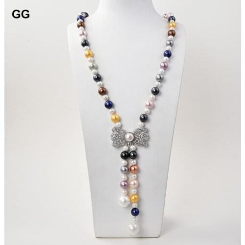 GuaiGuai Jewelry 22" Multi Color Sea Shell Pearl Necklace CZ Pave Pendant