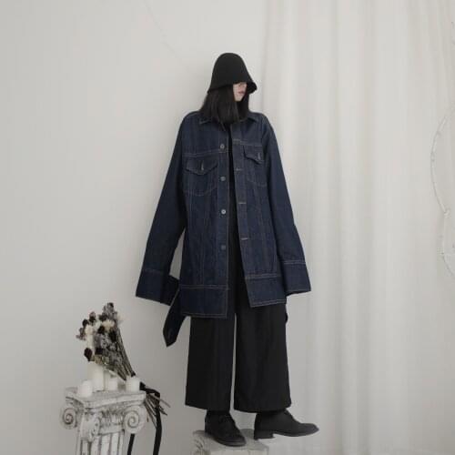 UMI MAO Yamamoto Style Dark Black Womens Niche Design Ultra Loose Long Sleeves Show Denim Jacket Trench Coat For Women Y2K