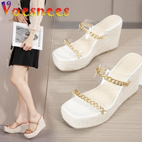 Modern Woman Slippers Fresh Blue New Metal Chain Summer Nightclub Stripper Wedges Women Shoes Platform Transparent Sexy Sandals
