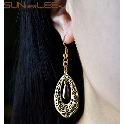 SUNNERLEES Fashion Jewelry Womens Girls Gold-Color Drop Earrings Elegant Hollow Out Water Drop Dangles E30 Y