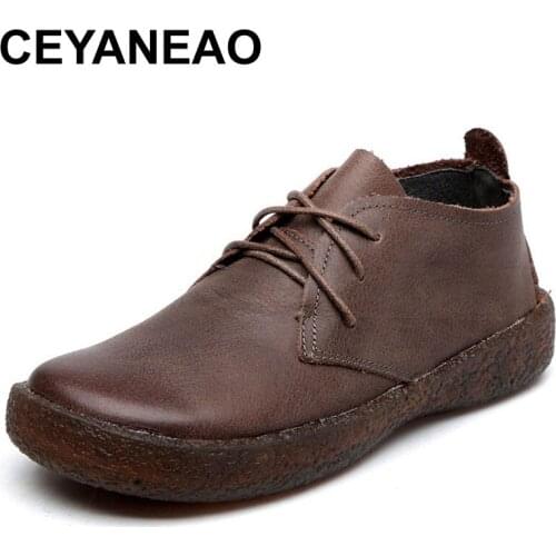 CEYANEAO Women Shoes Lady Flat 2020 New Autumn Natural Cowhide Women Shoes Lace Up Retro Casual Shoes Women