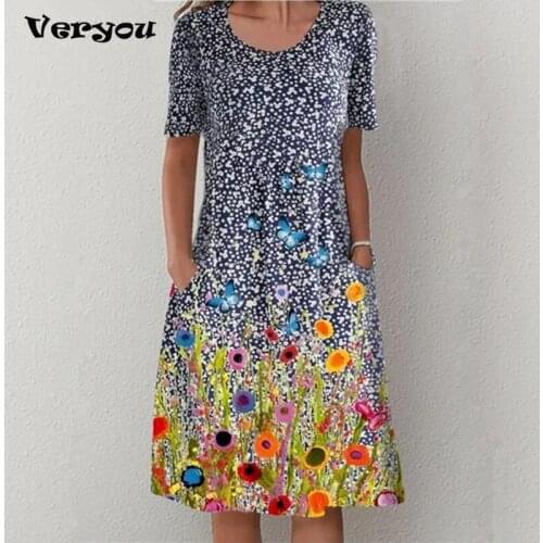 Womens Fashion New O Neck Floral Print Midi Dress Casual Short Sleeves Slim Pullover Spring Summer Dress Elegant Party Vestidos