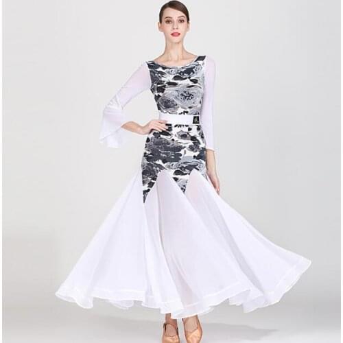 Lady Ballroom Dance Competition Dresses Women Standard Ballroom Waltz Dress Tango Costume dresses white grey1871