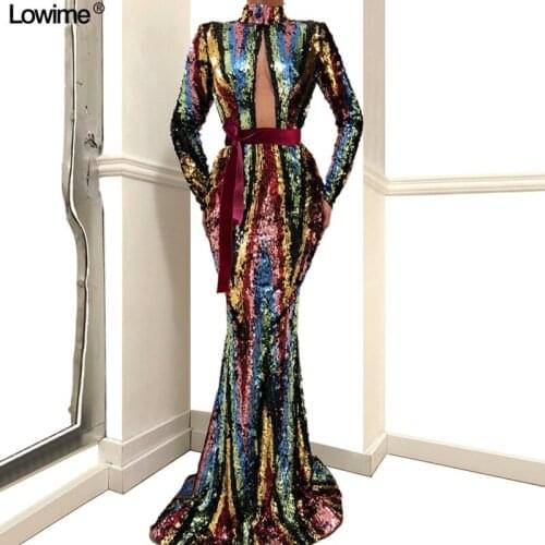Special Design Long Sparkly Prom Dresses 2019 Mermaid Long Sleeve High Neck Evening Party Gowns Robe De Soiree Abendkleider