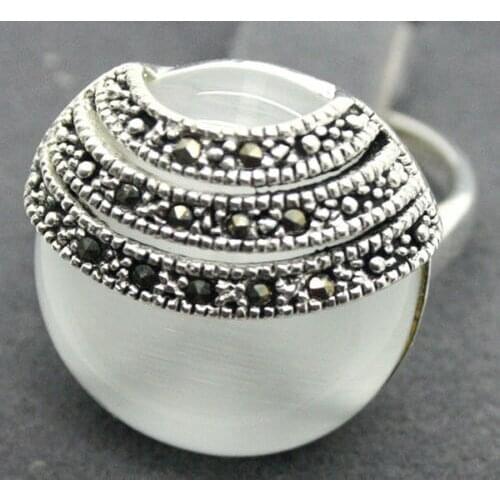 2 color Pretty White Cat Eye Stone Opal Marcasite 925 Sterling Silver Ring Size 6-9
