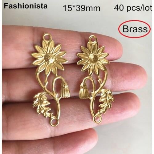 40 pcs Raw Brass Flower Branch Charm Connectors,15*39mm Sunflower With Leaf and Bud,DIY Crafts & Jewelry Findings -Free Shipping