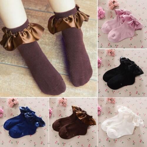 Kids Baby Girl Princess Lace Socks Cute Non-Slip Bows Socks Cotton Princess Solid Color Short Socks Winter Daily Accessories