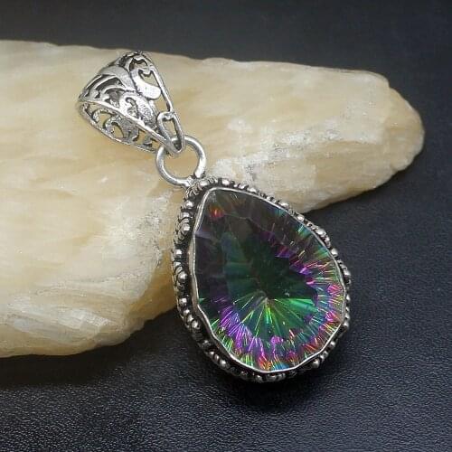 Gemstonefactory Jewelry Big Promotion 925 Silver Teardrop Vintage Rainbow Fire Topaz Women Ladies Gifts Necklace Pendant 1255