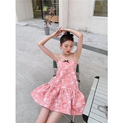 Jurken zomer 2021 dames 2021 summer watermelon red big flower jacquard big bow suspender dress