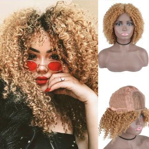 Short Curly Synthetic Wigs for Black Women Ombre Blonde Color Middle Part Lace Wig Natural Looking Daily Use Wigs 16inch