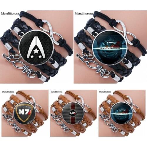 Mass Effect Inspired N7 For Unisex High Quality Glass Multilayer Black/Brown Leather Bracelet Bangles