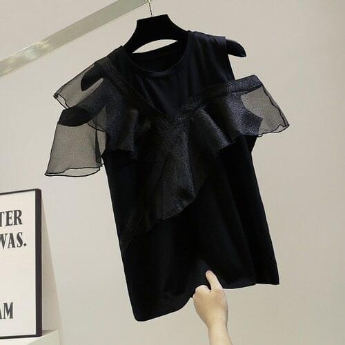 Fashion Ruffles Patch Sexy Off-Shoulder Cotton T Shirt Women Summer New Top White Black 2021 Camisetas De Mujer