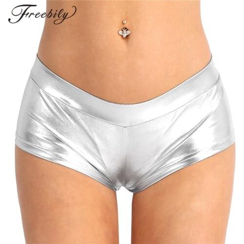 Freebily Adult Women Fashion Sexy Night Club Shorts Shiny Faux Leather Low Waist Hot Shorts for Dancing Raves Festivals Costumes
