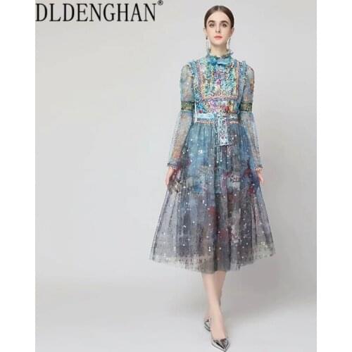 DLDENGHAN Fashion Autumn Mesh Suit Women Stand Collar Flare Sleeve Top + Drawstring Long Skirt Vintage Print Two Piece Set