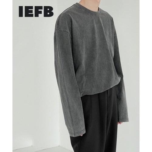 IEFB Mens Clothing Long Sleeve Grey T-shirt 2021 Spring And Autumn New Base Round Collar Off Shoulder Tee Tops For Male 9Y6955