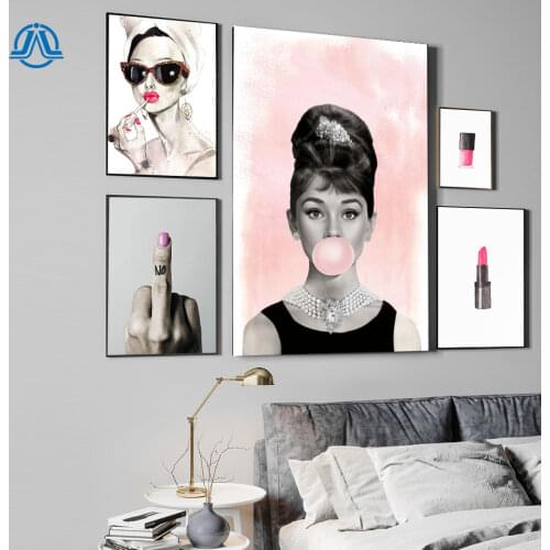 Audrey Hepburn Bubbles Wall Art Canvas Fashion Poster Pink Lipstick Nail Polish Prints Painting Pictures Modern Room Decoration