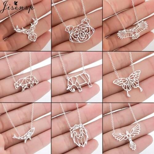 Jisensp Stainless Steel Origami Animal Necklace Deer Vintage Fashion Butterfly Bear Elk Pendant Necklace for Women Party Gift