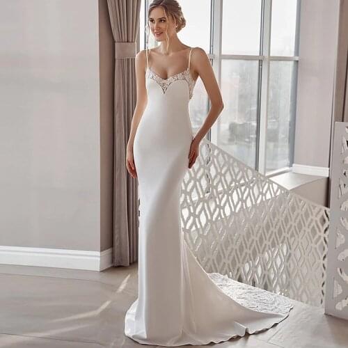 Sexy Wedding Dresses Jersey Appliques Pleat V-Neck Spaghetti Straps Backless Mermaid Bridal Gowns Novia Do 2021 New Party