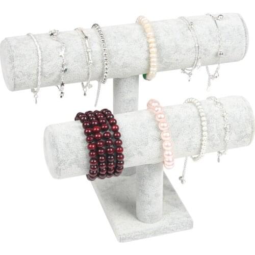 Grey Velvet Bracelet Display 2layers Chain Watch T-Bar Storage Rack Jewelry Stand Organizer Hard Holder
