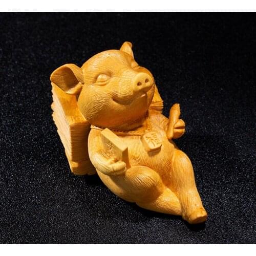 Boxwood 5cm 11cm Pig Sculpture Wood Diligent Piggy Animal Statue Lucky Home Decor