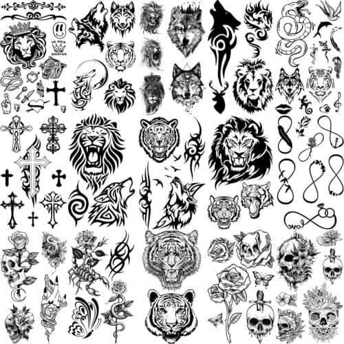 Tiger Lion Thorns Snake Temporary Tattoos For Women Adult Men Kids Wolf Cross Infinity Skull Fake Tattoo Neck Hands Small Tatoos