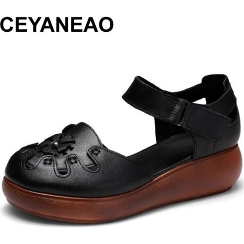 CEYANEAO High cowhide round head fashion elegant comfortable shoes woman summer leather sandals 2020 new wedge sandals women