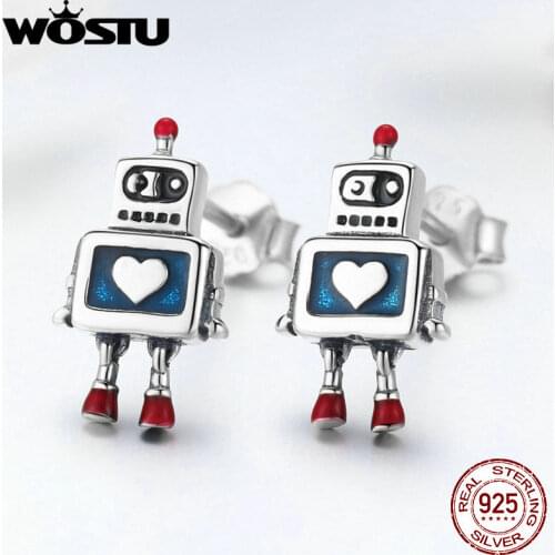 WOSTU New Fashion 100% 925 Sterling Silver Blue Heart Robot Stud Earrings for Women Original Cute Jewelry Wholesale Gift FIE477