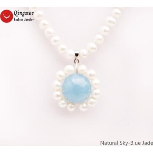 Qingmos Fashion Natural Pearl Pendant Necklace for Women with 6-7mm White Pearl Necklace & 18mm Sky-Blue Jades Jewelry 17" n6530