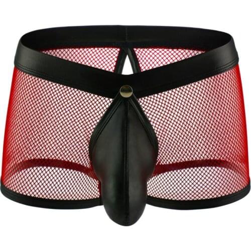 2020 Men Sexy Leather Boxer Shorts Bulge Pouch Mesh Transparent U Convex Boxers See Through Shorts Underpants Male Underwear