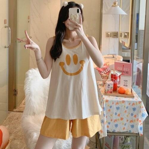 2021 Summer Women Cotton Pajamas Set Sexy Sleeveless Shorts Sleepwear Smile Print Cute Girl Casual Female Homewear Suit