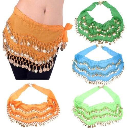 3 Rows 128 Gold Coins Belly Dance Costume Hip Scarf Skirt Belt Wrap Waist Chain 150*20cm Colorful