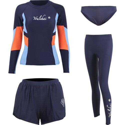 4 pcs Full Body Womens Rash Guard Swimsuit Long Sleeve Surf Suit UPF50+ UV Protect Sunscreen Swimwaer with Bikini Bottom Trunks