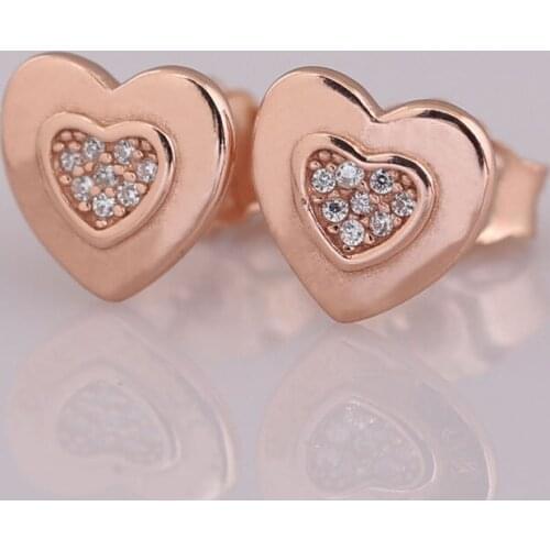 Authentic S925 Silver Pave Heart Stud Earrings For Women Wedding Party fit Lady Fine Jewelry Rose & Clear CZ
