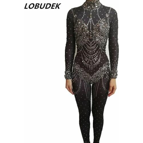 Shining Gray Rhinestones Skinny Jumpsuit High-end Glass Crystals Stretch Bodysuits Nightclub Bar Party Stage Wear Singer Costume