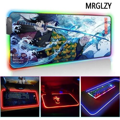 MRGLZY Anime Kimetsu no Yaiba Tomioka Giyuu LED Light RGB Gamer Large Mouse Pad DeskMat Gaming Accessories for Laptop Keyboard