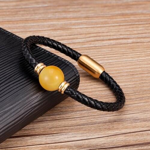 Fashion Natural Round Beaded Bracelet Men Punk Style Genuine Leather Bracelets Stainless Steel Magnet Mens Jewelry Friends Gift