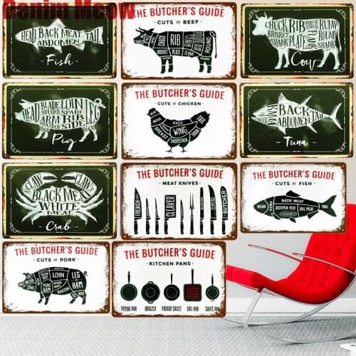 BUTCHERS GUIDE Vintage Metal Signs Kitchen Decorative Plates Plaque Cut Beef Horse Chicken Pork Poster Duck Wall Stickers N265