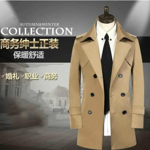 Khaki korean double breasted slim trench coat men overcoat long sleeve mens clothing spring business outerwear casaco masculino