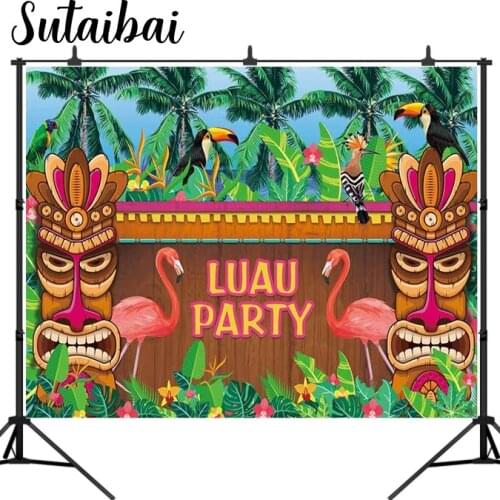 Summer Luau Party Backdrop Flamingo Tropical Hawaiian Beach Photography Background Wooden Sculpture Flamingle Sea Palm Floral
