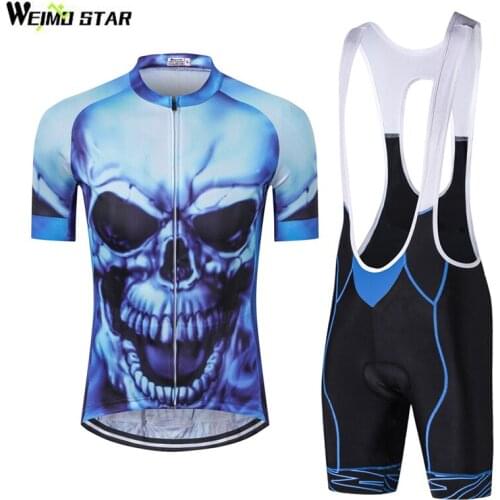WEIMOSTAR Mens Blue Skull Cycling Jerseys Ropa Ciclismo Sets Bicycle Short Sleeve Bib Shorts 3D Gel Padded MTB Bike Riding Suit