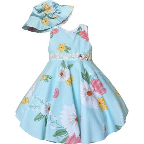 HETISO Flower Print Girls Summer Dress Cotton Lace Belt Baby Kids Sleeveless Dresses Little Girls Clothes Beach Vestidos 2-7Y