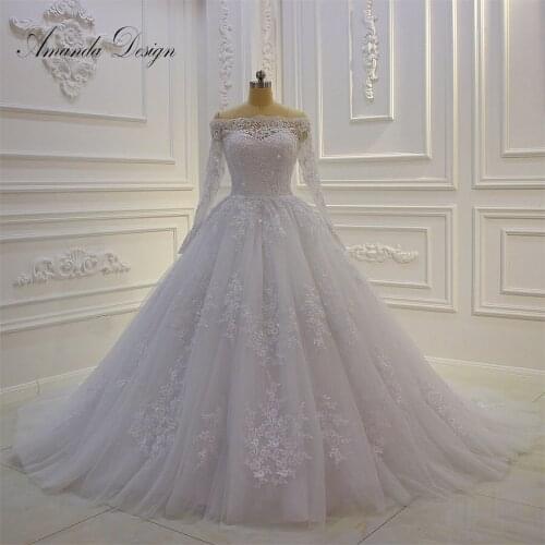 Amanda Design suknie slubne Boat Neck Lace Applique Ball Gown Wedding Dress 2019