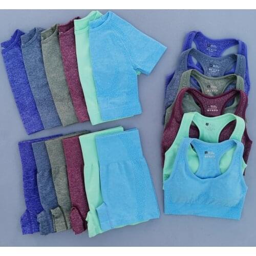 Summer Seamless Yoga Set Women Workout Sportswear Gym Clothing Short Sleeve Crop Top Sport Bra High Waist Leggings Sports Suits