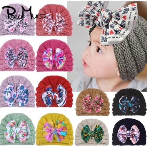 Powmuco Autumn and Winter Fashion Warm Knitting Wool Caps Cute Print Bowknot Baby Turban Hat Infant Headwear Photography Props
